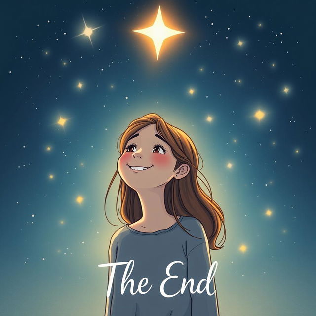 An illustration of a young woman named Sara smiling contently at a captivating starry sky, surrounded by softly glowing stars that twinkle brightly