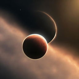 A digital rendering of a solar eclipse as seen from Jupiter, with one of Jupiter's moons casting a shadow on the planet's swirling clouds