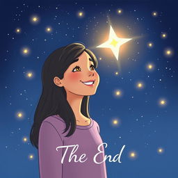 An illustration of a young woman named Sara smiling contently at a captivating starry sky, surrounded by softly glowing stars that twinkle brightly