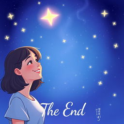 An illustration of a young woman named Sara smiling contently at a captivating starry sky, surrounded by softly glowing stars that twinkle brightly