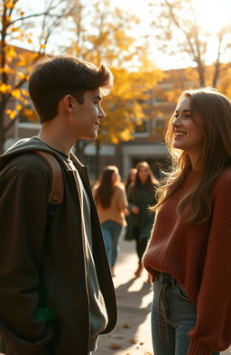 A nostalgic scene capturing a high school environment in October, showcasing a young male student deeply enamored with a female classmate