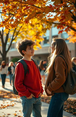 A nostalgic scene capturing a high school environment in October, showcasing a young male student deeply enamored with a female classmate