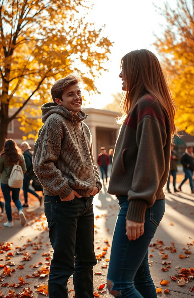 A nostalgic scene capturing a high school environment in October, showcasing a young male student deeply enamored with a female classmate