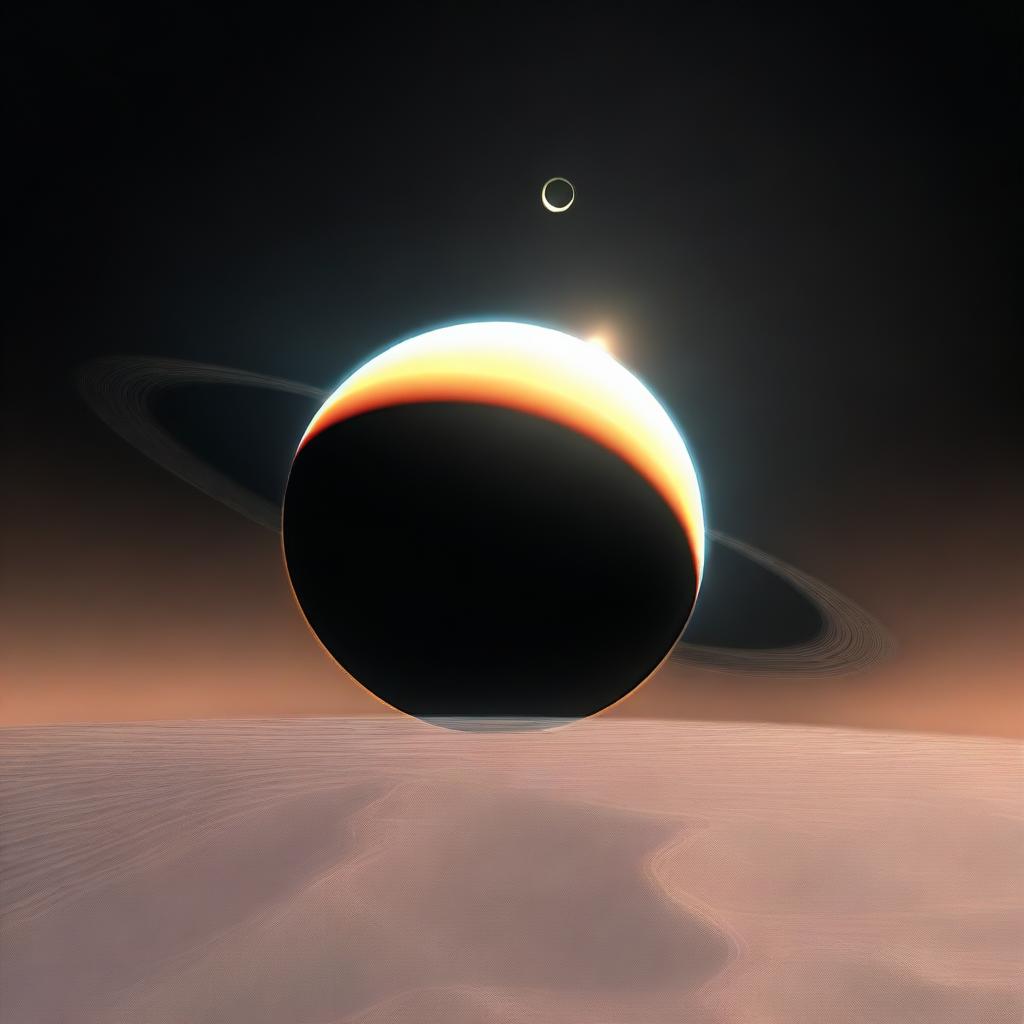 A digital rendering of a solar eclipse as seen from Saturn, with one of Saturn's moons casting a shadow on the planet and its ring system