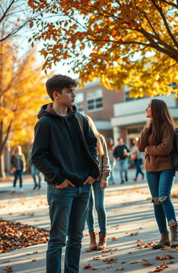 A nostalgic scene capturing a high school environment in October, showcasing a young male student deeply enamored with a female classmate