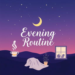 A beautifully designed journal cover for an evening routine, featuring a serene twilight background with deep purples and soft blues, illuminated by subtle stars and a glowing crescent moon