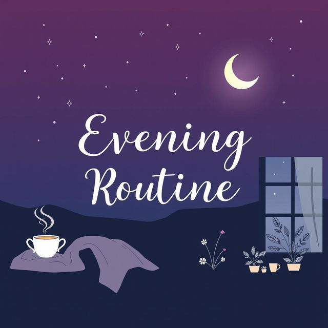 A beautifully designed journal cover for an evening routine, featuring a serene twilight background with deep purples and soft blues, illuminated by subtle stars and a glowing crescent moon