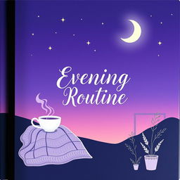 A beautifully designed journal cover for an evening routine, featuring a serene twilight background with deep purples and soft blues, illuminated by subtle stars and a glowing crescent moon