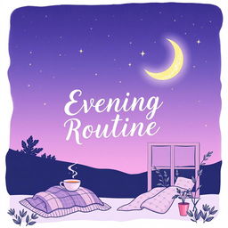 A beautifully designed journal cover for an evening routine, featuring a serene twilight background with deep purples and soft blues, illuminated by subtle stars and a glowing crescent moon