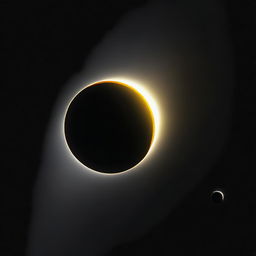 A digital rendering of a solar eclipse as seen from Saturn, with one of Saturn's moons casting a shadow on the planet and its ring system