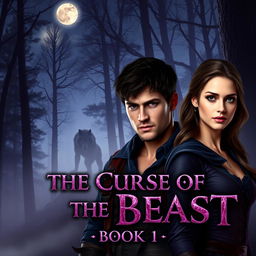 A dark, misty forest at twilight, with towering trees and a full moon casting an eerie glow