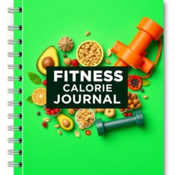 A sleek and modern fitness calorie journal cover design featuring a vibrant color palette with shades of green and orange