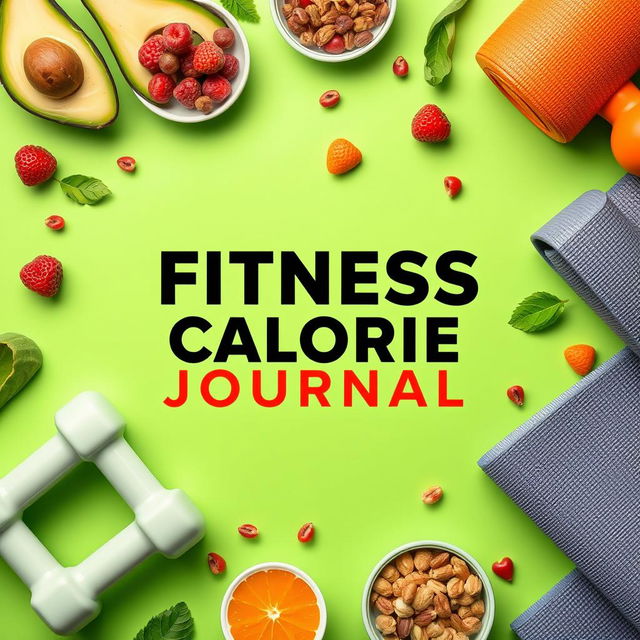 A sleek and modern fitness calorie journal cover design featuring a vibrant color palette with shades of green and orange