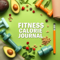 A sleek and modern fitness calorie journal cover design featuring a vibrant color palette with shades of green and orange