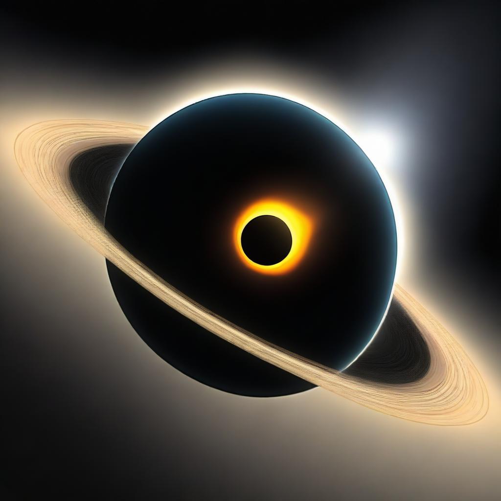 A digital rendering of a solar eclipse as seen from Saturn, with one of Saturn's moons casting a shadow on the planet and its ring system