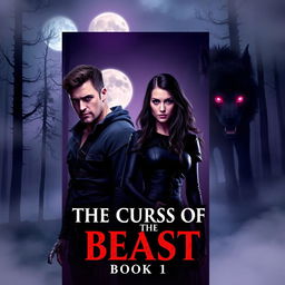 The cover of 'The Curse of the Beast: Book 1' features a dark, misty forest at twilight, with towering trees and a full moon casting an eerie glow