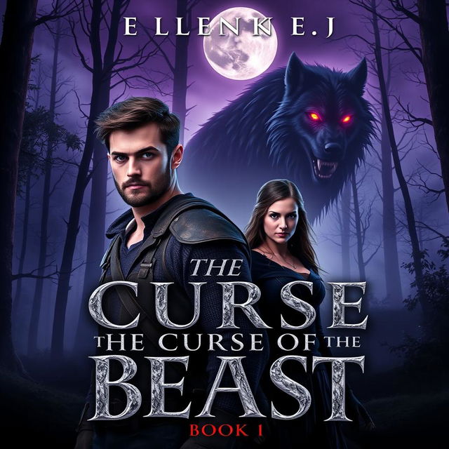 The cover of 'The Curse of the Beast: Book 1' features a dark, misty forest at twilight, with towering trees and a full moon casting an eerie glow