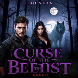 The cover of 'The Curse of the Beast: Book 1' features a dark, misty forest at twilight, with towering trees and a full moon casting an eerie glow