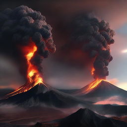 A digital rendering of two volcanoes erupting simultaneously, with plumes of smoke and ash billowing into the sky and rivers of glowing lava flowing down the mountainsides