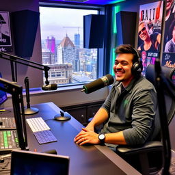 An enthusiastic radio presenter sitting at a modern radio station studio desk, equipped with professional microphones, sound mixing equipment, and large headphones