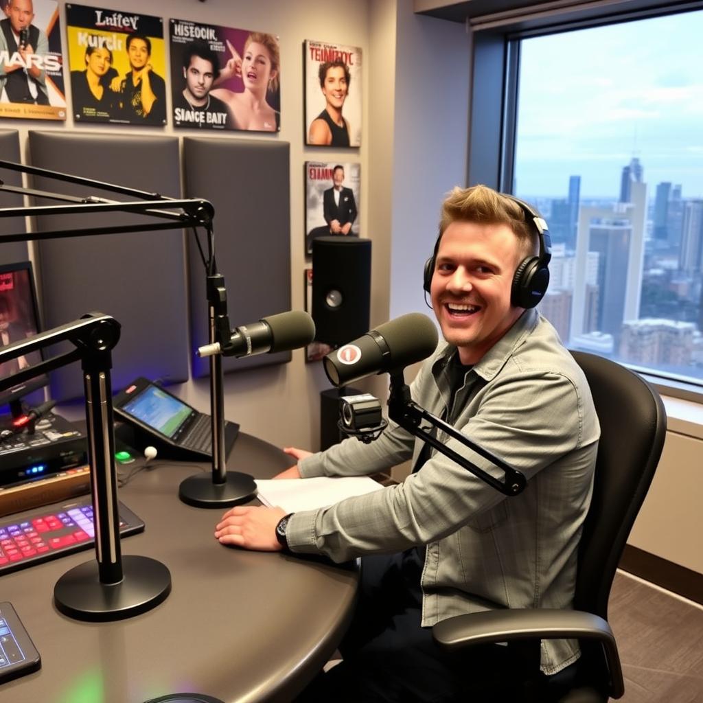 An enthusiastic radio presenter sitting at a modern radio station studio desk, equipped with professional microphones, sound mixing equipment, and large headphones