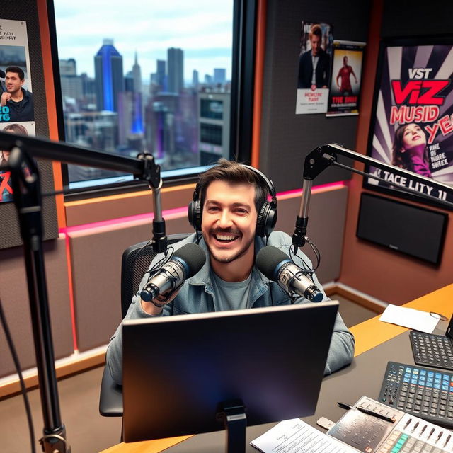 An enthusiastic radio presenter sitting at a modern radio station studio desk, equipped with professional microphones, sound mixing equipment, and large headphones