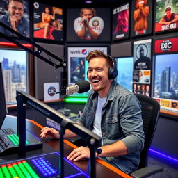 An enthusiastic radio presenter sitting at a modern radio station studio desk, equipped with professional microphones, sound mixing equipment, and large headphones