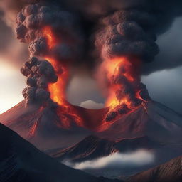 A digital rendering of two volcanoes erupting simultaneously, with plumes of smoke and ash billowing into the sky and rivers of glowing lava flowing down the mountainsides