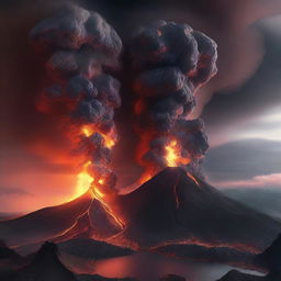 A digital rendering of two volcanoes erupting simultaneously, with plumes of smoke and ash billowing into the sky and rivers of glowing lava flowing down the mountainsides