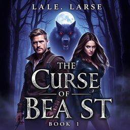 The cover of 'The Curse of the Beast: Book 1' showcases a dark, misty forest at twilight, where towering trees intertwine under a full moon casting an eerie glow