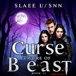 The cover of 'The Curse of the Beast: Book 1' showcases a dark, misty forest at twilight, where towering trees intertwine under a full moon casting an eerie glow