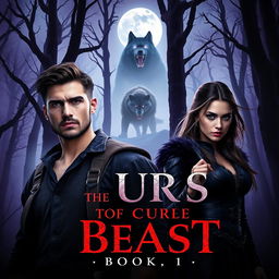 The cover of 'The Curse of the Beast: Book 1' showcases a dark, misty forest at twilight, where towering trees intertwine under a full moon casting an eerie glow