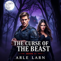The cover of 'The Curse of the Beast: Book 1' showcases a dark, misty forest at twilight, where towering trees intertwine under a full moon casting an eerie glow