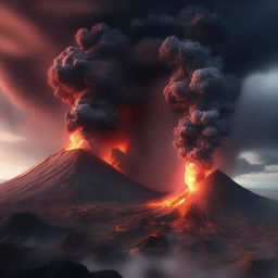 A digital rendering of two volcanoes erupting simultaneously, with plumes of smoke and ash billowing into the sky and rivers of glowing lava flowing down the mountainsides