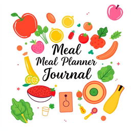 A beautifully designed meal planner journal cover, featuring a vibrant and colorful layout that incorporates illustrations of fresh fruits, vegetables, and wholesome dishes