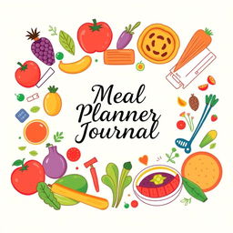 A beautifully designed meal planner journal cover, featuring a vibrant and colorful layout that incorporates illustrations of fresh fruits, vegetables, and wholesome dishes