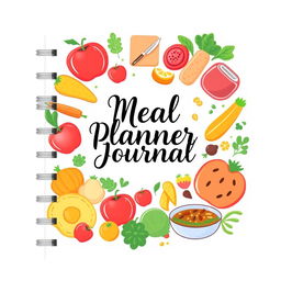 A beautifully designed meal planner journal cover, featuring a vibrant and colorful layout that incorporates illustrations of fresh fruits, vegetables, and wholesome dishes