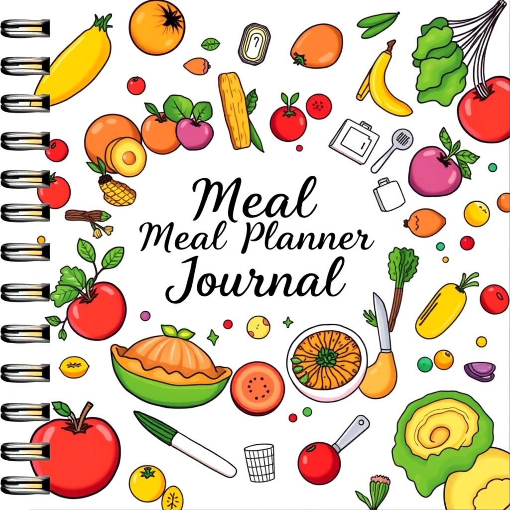 A beautifully designed meal planner journal cover, featuring a vibrant and colorful layout that incorporates illustrations of fresh fruits, vegetables, and wholesome dishes