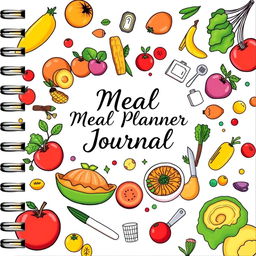 A beautifully designed meal planner journal cover, featuring a vibrant and colorful layout that incorporates illustrations of fresh fruits, vegetables, and wholesome dishes