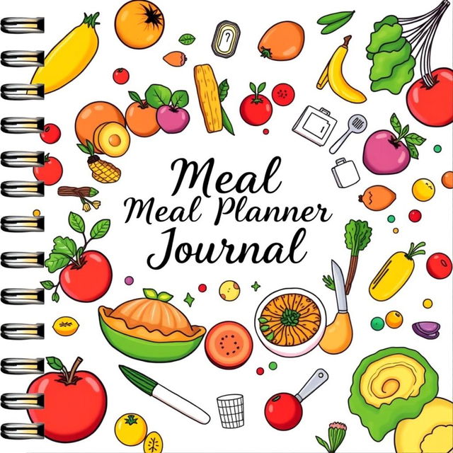 A beautifully designed meal planner journal cover, featuring a vibrant and colorful layout that incorporates illustrations of fresh fruits, vegetables, and wholesome dishes