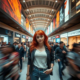 A wide cinematic shot capturing a young and hip woman with vibrant red hair, standing confidently in the center of a bustling shopping mall