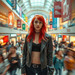A wide cinematic shot capturing a young and hip woman with vibrant red hair, standing confidently in the center of a bustling shopping mall
