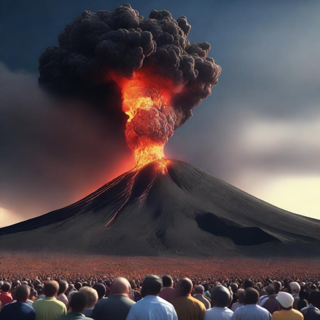 A digital rendering of two volcanoes erupting simultaneously, viewed from a distance by a crowd of people.