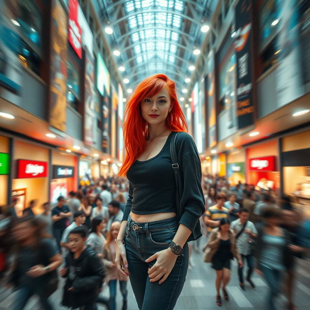 A wide cinematic shot capturing a young and hip woman with vibrant red hair, standing confidently in the center of a bustling shopping mall