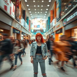A wide cinematic shot capturing a young and hip woman with vibrant red hair, standing confidently in the center of a bustling shopping mall