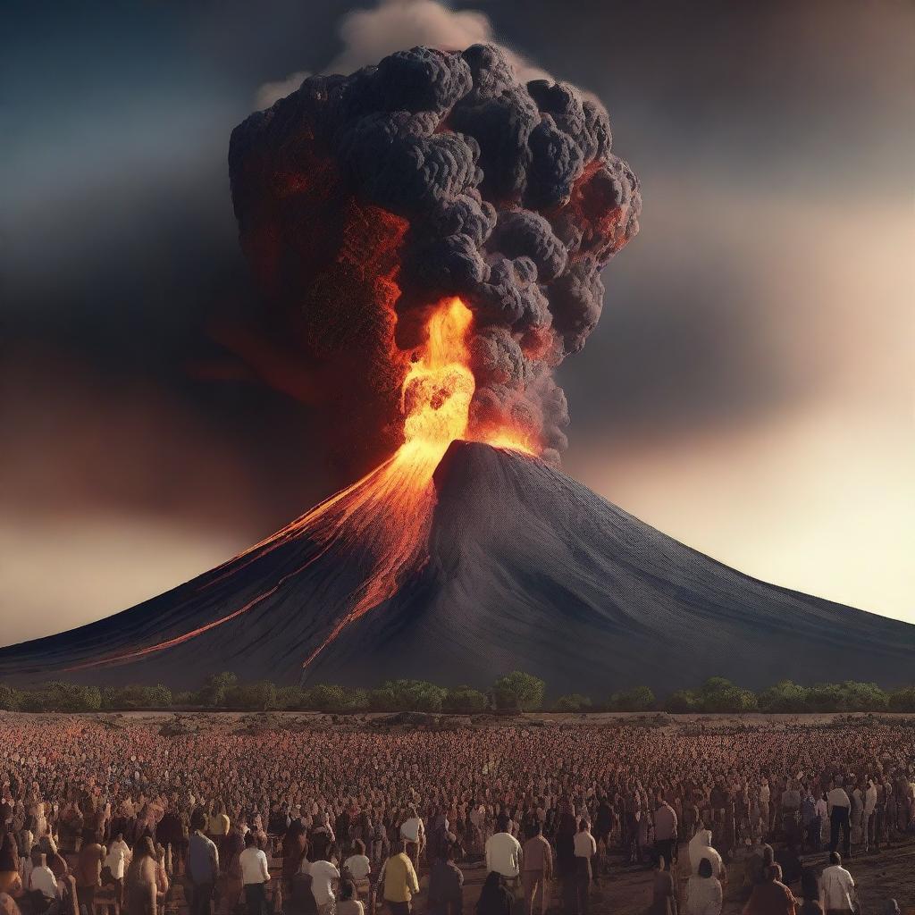 A digital rendering of two volcanoes erupting simultaneously, viewed from a distance by a crowd of people.