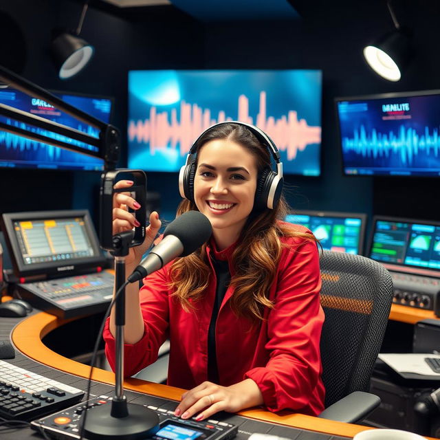 A vibrant scene of a 30-year-old female radio presenter in a modern radio station studio, showcasing her enthusiasm and energy while wearing stylish headphones