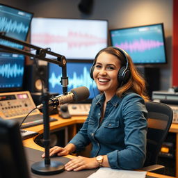 A vibrant scene of a 30-year-old female radio presenter in a modern radio station studio, showcasing her enthusiasm and energy while wearing stylish headphones