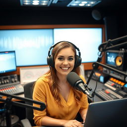A vibrant scene of a 30-year-old female radio presenter in a modern radio station studio, showcasing her enthusiasm and energy while wearing stylish headphones