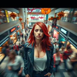 A higher cinematic shot showcasing a young and hip woman with striking red hair, standing in the middle of a crowded shopping mall